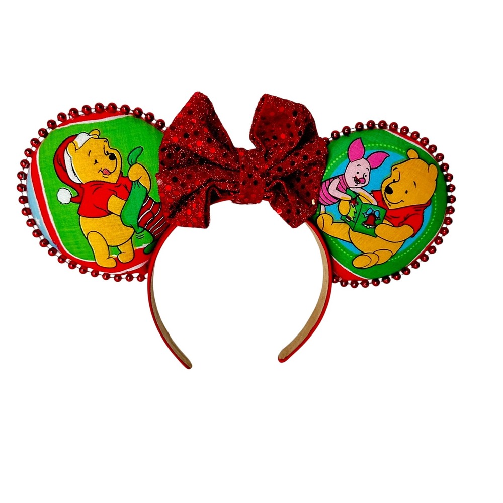 Winnie the Pooh Christmas Mickey Ears Headband Red Sequin Bow Holiday Handmade
